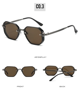 Detailed views of octagonal metal sunglasses with brown lenses and textured temples
