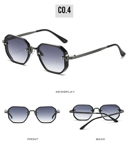 Detailed views of octagonal sunglasses with gradient lenses and textured temples