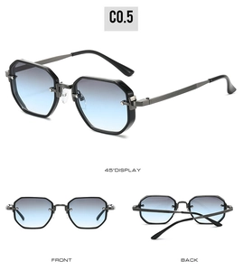 Three-angle views of grey metal octagonal sunglasses with gradient lenses and slim temples