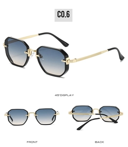 Three-way view of octagon sunglasses showing front, back, and 45-degree angle profile