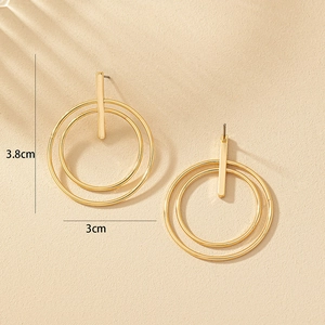 Minimalist gold geometric hoop earrings with layered concentric circles, 3.8cm drop length