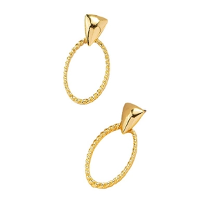Modern gold geometric earrings with a polished triangle post and twisted texture oval drop