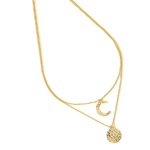 Elegant gold double layer necklace with crescent moon and hammered coin pendants