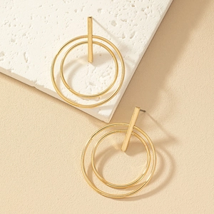 Minimalist gold geometric hoop earrings with layered circles and vertical bar design