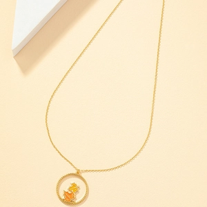 Enamel maple leaf pendant necklace with golden circular frame and slim cross chain
