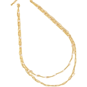Collana a doppio strato dorata con catena di perle e moderno design a maglia paperclip