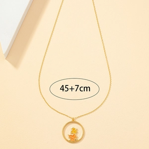 Golden necklace with enamel maple leaf pendant in circular frame, 45+7cm length