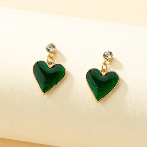 Heart Shaped Dangle Earrings Green Enamel Alloy Gold Plated With Zircon Vintage Fashion Jewelry For Women