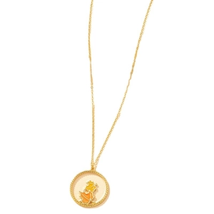 Golden necklace with vibrant enamel maple leaf pendant in yellow and orange on white background