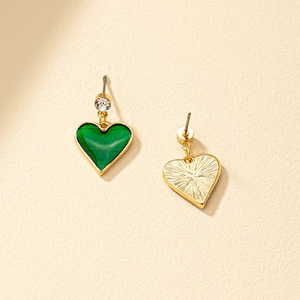 Elegant gold heart earrings with green enamel and clear zircon in front and back views