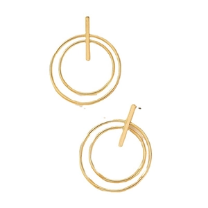 Minimalist geometric double circle gold stud earrings featuring a tiered hoop design