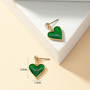 Golden heart earrings with green enamel and clear crystal detail, 2.3cm height
