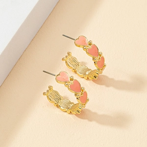 Boucles D'oreilles Créoles En Forme De C En Émail Cœur Alliage Métal Rose Bijoux De Mode Pour Femmes Filles