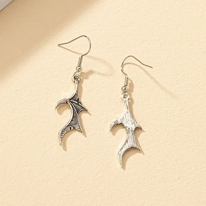 Silver vintage wing drop earrings with textured gothic design and hook closure