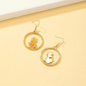 Gold hoop earrings featuring orange and yellow enamel maple leaves in a geometric circle