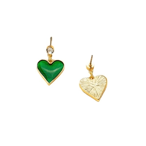 Elegant gold heart earrings with green enamel and clear zircon in front and back view