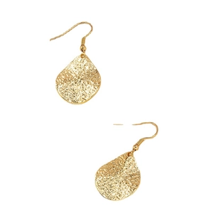 Golden teardrop earrings with irregular hammered texture on a clean white background