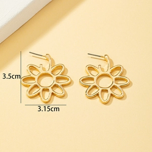 Minimalist gold alloy flower stud earrings with hollow design for women, 3.5cm size