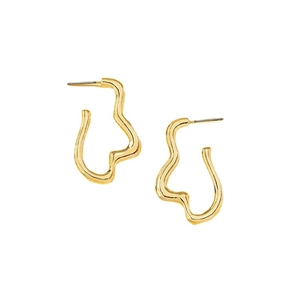 Minimalist gold alloy earrings with abstract irregular wavy curves on white background