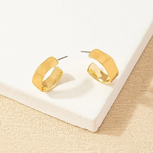 Polished gold C-shape rectangular hoop earrings with a minimalist geometric glossy finish