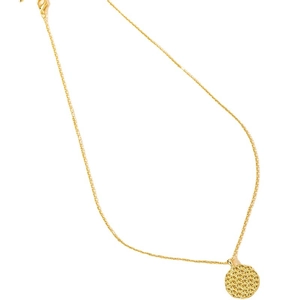 Minimalist gold honeycomb coin pendant necklace featuring a delicate chain with textured disk