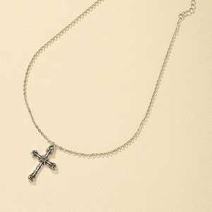 Vintage cross necklace with gothic relief texture on antique silver pendant and O-chain