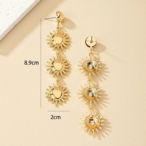 Three-tier sunburst dangling earrings in bright gold finish for women, 8.9cm length