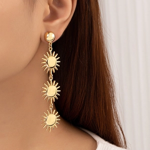 Elegant gold-tone triple sunburst dangle earrings with a minimalist retro design for women