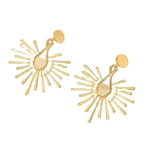 Minimalist gold sunburst drop earrings featuring a radiant ray design and teardrop cutouts