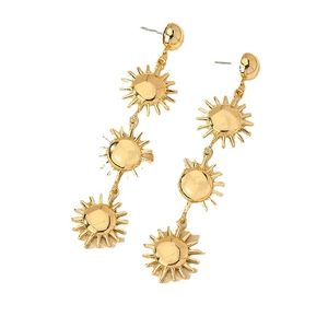 Three-tier sun-shaped golden alloy drop earrings featuring layered metallic design