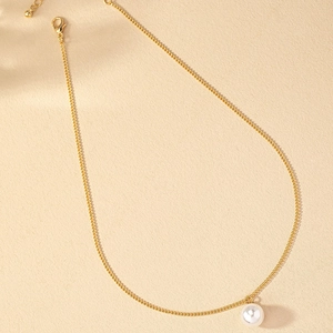 Minimalist gold link necklace with a single round white pearl pendant for women
