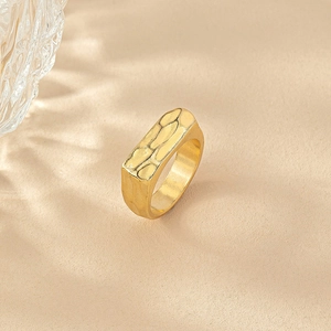 Bohemian gold hammered texture rectangular ring with minimalist irregular metal design