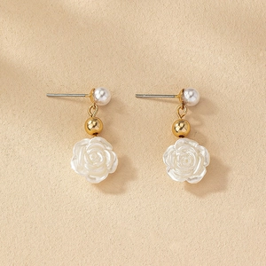 Elegant White Resin Rose Flower Drop Earrings With Faux Artificial Pearl Alloy Gold Plated For Women French Retro Style