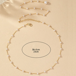 Collier minimaliste en perles dorées avec chaîne fine et rallonge réglable de 38+5cm