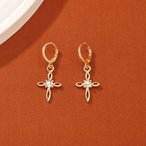 Cross Pendant Earrings Alloy Plated With Zircon Center Hollow Retro Religious Style Jewelry Gift For Women Girls
