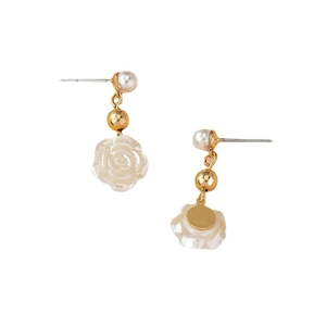 Elegant gold earrings featuring white resin rose petals and delicate pearl accents