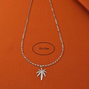 Silver maple leaf pendant necklace with square grid chain, length 55+7cm for men