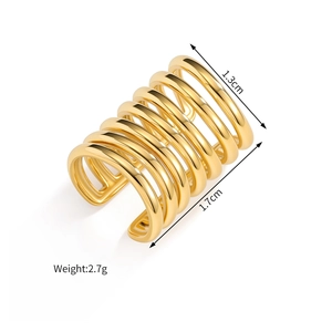 Detail view of gold tiered ear cuff showing 1.7cm diameter and 1.3cm width measurements