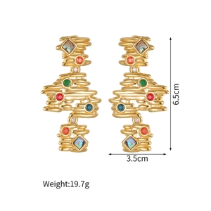 Detail view of 6.5cm gold fringe earrings with colorful gems and iridescent abalone shell