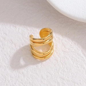 Polished gold multi-layer geometric ear cuff with a minimalist stacked ring design