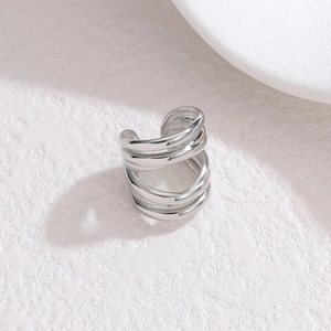 Minimalist silver geometric multi-layer ear cuff with polished stainless steel finish