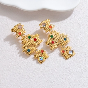 Irregular 18k gold plated geometric earrings with colorful gemstones and shell inlays