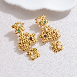 Modern 18k gold plated stainless steel irregular tassel earrings with colorful zircons