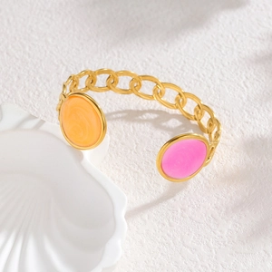 Chic 18k gold plated chain cuff bracelet with vibrant orange and pink enamel caps