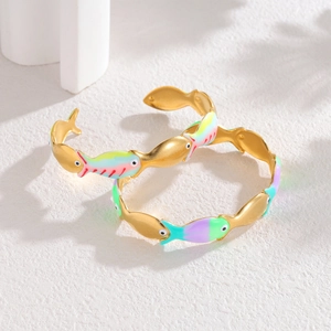 Bracelet jonc poisson coloré en acier inoxydable doré 18k avec finition émaillée