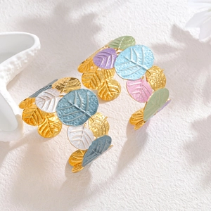Artistic leaf-shaped open cuff bracelets in colorful 18k gold plated stainless steel