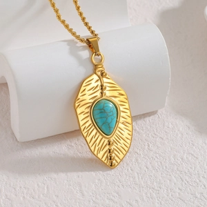 Élégant collier pendentif plume en or 18 carats avec une pierre turquoise naturelle goutte