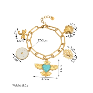 Détail du bracelet en acier inoxydable plaqué or 18k avec breloques cœur turquoise et libellé