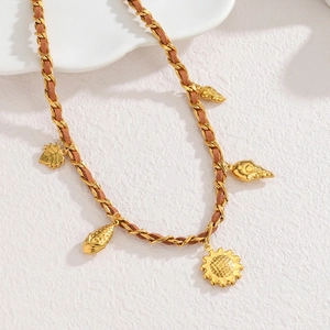 18k gold plated stainless steel necklace with autumn maple leaf and sunflower charms