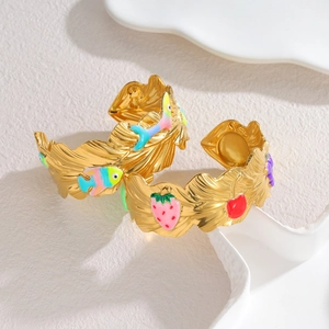 Wide 18k gold plated stainless steel bangles with enamel fish and strawberry charms